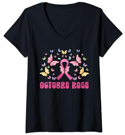 Femme Octobre Rose 2024 Ruban Rose Sensibilisation Cancer Du Sein T-Shirt avec Col en V