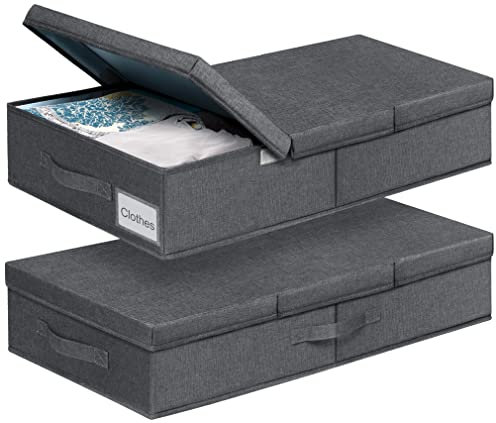 JUPELI Under Bed Storage Box with Lids, 2 Pack Large Underbed Storage, Foldable Under Bed Clothes Storage Box W/Handle, Under Bed Storage Organiser Drawer Containers for Clothes Blankets Pillows