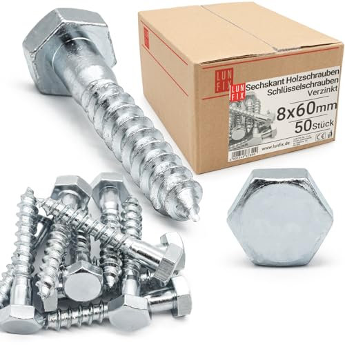 Lun Fix Vis à Bois 8 x 60 mm Acier Zingué – 50 Pièces | Tirefond Hexagonal | Cheville Béton | Support Poteau Bois | Visserie Métal | Portillon | Alternative Inox