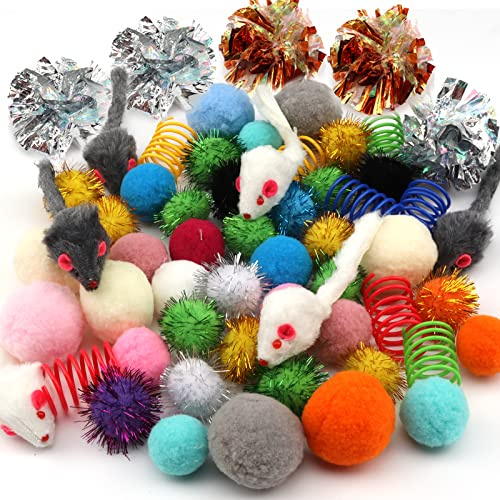 QUOZUO Set di 60 giocattoli per gatti con palla scintillante, giocattoli per topo, molle a spirale, palline morbide con pompon