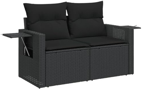 vidaXL Gartensofa mit Kissen 2-Sitzer, Sofa für Garten Terrasse, Terrassensofa mit abnehmbarem waschbarem Bezug, Gartenmöbel Terrassenmöbel, Schwarz Poly Rattan