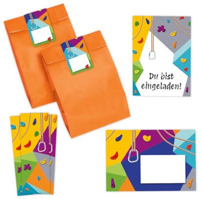 Minkocards 12 Einladungskarten zum Kindergeburtstag Klettern Bouldern Mädchen Jungen Einladung Jungsgeburtstag Mädchengeburtstag incl. 12 Umschläge, 12 Partytüten/orange, 12 Aufkleber, 12 Lesezeichen