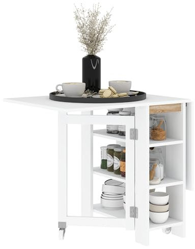 HOMCOM Table à Manger Pliable, Table Pliante Cuisine, sur roulettes, avec 2 abattants et 3 étagères, Design Moderne, Table de Cuisine pour Petits espaces, 120 x 60 x 75 cm, Blanc