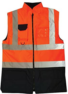 Hi Vis Viz Padded Reversible Fleece Lined Bodywarmer, Hi-Vis Safety High Visibility Gilet Waistcoat Waterproof Two Tone Reflective Tape Workwear Vest UK Plus Size S-5XL, Orange Navy-L