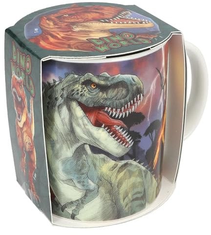 Depesche 12909 Dino World - Tasse in Weiß mit großem Dinosaurier-Aufdruck, Trinkbecher aus Porzellan mit Henkel, Füllmenge ca. 320 ml