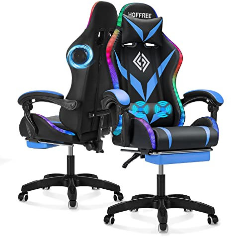 Gaming Stuhl mit Lautsprechern und LED-Leuchten Ergonomischer Computerstuhl mit Massage und Fußstütze Neigbarer Videospielstuhl für Erwachsene mit Verstellbarer Lendenwirbelstütze Blau und Schwarz