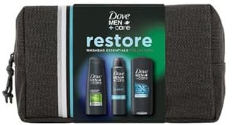 Dove Men+Care Restore Collection Clean Comfort 3in1 Body Wash 250ml, 2in1 Shampoo & Conditioner 250ml and Classic Antiperspirant 200ml Gift Set for Him with Wash Bag