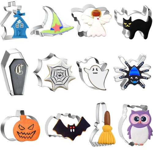 KOLZEMV 12 Pièces Emporte Pièces Halloween,Emporte Piece Halloween Acier Inoxydable,Emporte Piece Patisserie Enfant Comprend des fantômes, des chauves-souris citrouilles et bien plus encore(Halloween)