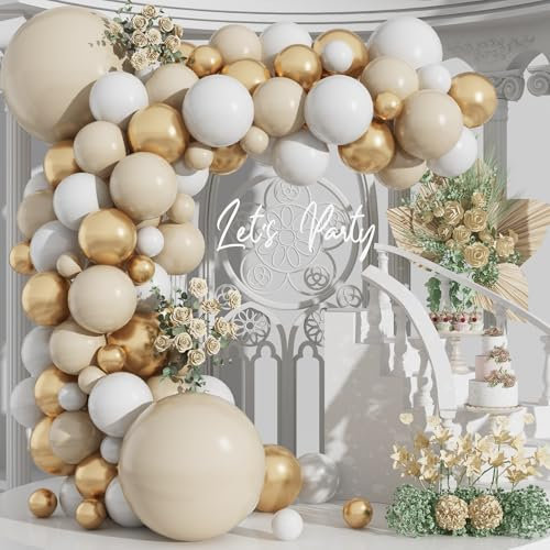 HILAVO Kit per arco a palloncino bianco e oro, color nudo beige neutro crema metallizzato oro bianco per feste in lattice ghirlanda per matrimonio boho baby shower nuziale fidanzamento compleanno