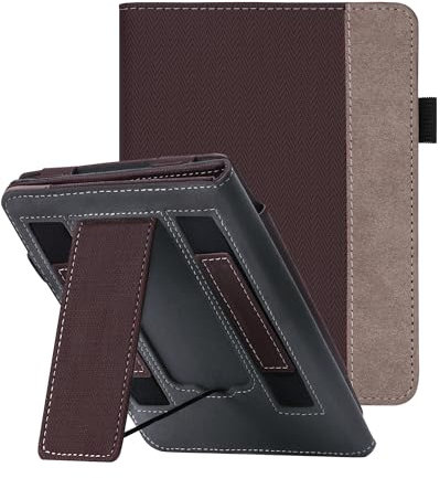 WALNEW Étui avec support pour Kindle Paperwhite 12ème génération (sortie en 2024) et Kindle Colorsoft Signature Edition 7 avec deux sangles de maintien, fonction veille/réveil automatique (café)