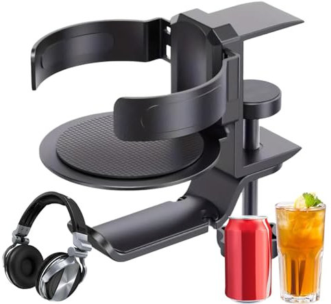 Uhngw Desk Cup Holder Clamp - 2-in-1 Clip on Cup Holder Headphone Hanger - Anti-Spill Cup Holder, Under Desk Headphone Stand, Game Desk Accessories for Homes