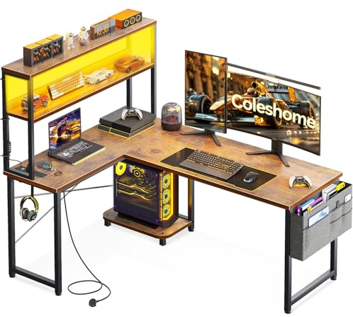 Coleshome L Shaped Gaming Desk with LED Lights & Power Outlet, 135 × 100 cm Reversible Computer Desk with Shelves, Corner Desks with Storage Bag & Hook for Home Office, Vintage Brown