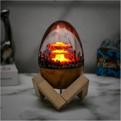 MUMQAQ Einzigartiges Holzdrachenei mit Atombombenexplosion, 3D-Pilzwolke, Nuklearexplosion, Atombomben-Nachtlicht, kreative Wolke, Nuklearstrahl-Tischlampe mit Holzhalterung, Osterdekorationen