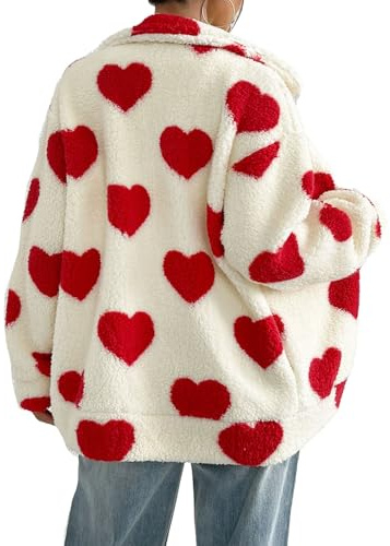 DRXRD Warme und gemütliche Fleecejacke für Damen mit Herz Print, Durchgehender Reißverschluss mit Taschen, Weiche Winteroberbekleidung für Ultimativen Komfort(Red,X-Large)