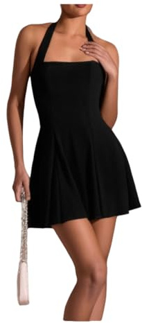 GORGLITTER Women's Halter A Line Mini Dress Sleeveless High Waist Swing Party Cocktail Flared Short Dresses Black X-Small