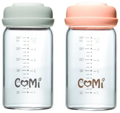 Glass Breastmilk Storage Bottles 2 Packs 6.oz 180ml Wide Neck Bottles with Screw Ring Sealing Disk BPA-Free Breastfeeding Milk Collection Fits Breast Pumps & Nipples(1 Gray Lid + 1 Pink Lid)