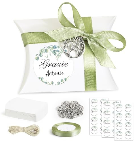 BOFUNX 24pcs Scatole Portaconfetti Matrimonio Scatoline Bomboniere Confetti con Ciondolo Albero della Vita e Adesivi Grazie per Promessa Matrimonio Battesimo Compleanno Festa