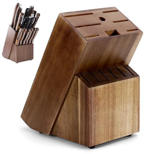 Jasfyee Universal Wooden Knife Block Without Knives – 14 Slot Kitchen Knife Holder for Bread Knives, Steak Knives, Scissors & Sharpening Rod – Compact Knife Organiser Stand