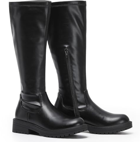 VIVASHOES Women's Black Knee High Flat Riding Boots Stretch – Faux Leather Winter Booties for Women, Slip-Resistant Chunky Sole, Low Heel Comfort Shoes – Stylish Everyday Tall Boots - Black 6