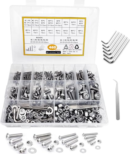 Viti Bulloni e Dadi a Testa Esagonale, 460 Pezzi M2,5 M3 M4 M5 M6 M8 Kit Viti Testa Esagonale in Acciaio Inox, Kit per Auto, Mobili Industriali, con Chiave, Pinzetta