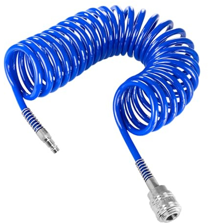 LINTRA Kompressor Schlauch, Länge 5 m Spiralschlauch Druckluft, Außendurchmesser 12 mm, Innendurchmesser 8 mm, mit Schnellverbinder, Blau PU Luftdruckschlauch, für Pneumatikwerkzeuge, Luftpumpen
