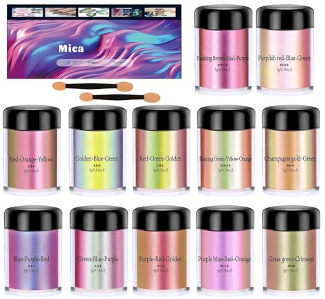 Mica Powder for Resin, 12-Bottle Pearlescent Color Changing Pigment Set, Shimmer Soap Dye and Candle Coloring Powder, for Nail, Lip Gloss, Jewelry, Arts, Crafts, Paint, and Ceramics