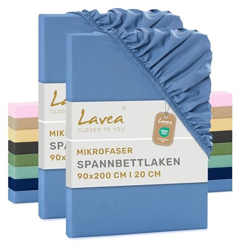 Lavea® 2er Set Spannbettlaken 90x200 cm - Himmelblau | Mikrofaser, Bettlaken mit Rundumgummi, für Matratzen bis 20 cm, atmungsaktiv und kühlend, pflegeleicht, Spannbetttücher