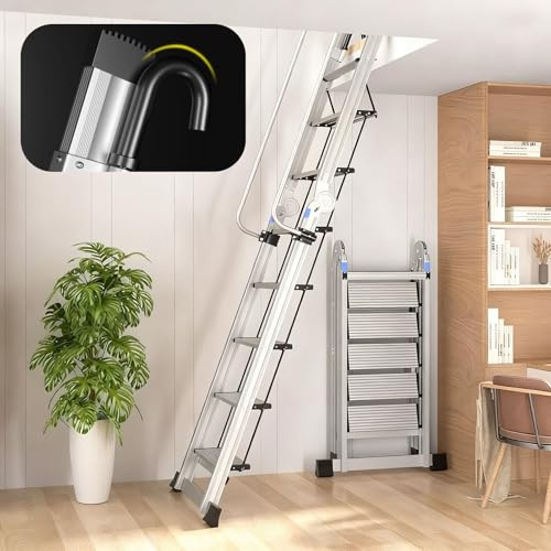 Dachbodentreppe Zusammenklappbare Sicherheitstreppe zum Dachboden mit Haken, Leichte Aluminium-Wandtreppe für Etagenbetten, Treppe zum Kellerausgang, Dachtreppe, Garagentreppe(7 Step-225cm (7.4ft))