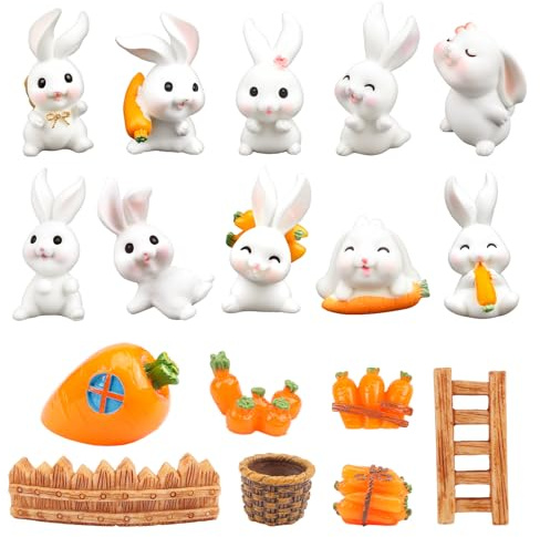 Athora 17 Stücke Miniatur Kaninchen Figuren Osterhasen Mini Hase Deko 11 Stück Miniatur Kaninchen Osterdekoration Geschenk für Kinder Bonsai Frühling Deko Desktop Ornament Gastgeschenke Party