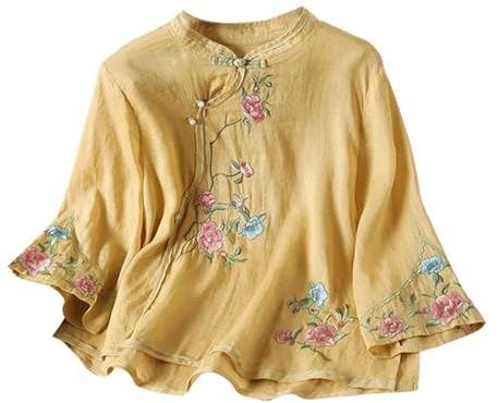 Hauts en coton et lin pour femme, coupe ample, broderie traditionnelle chinoise, cloche, manches longues, style ethnique, chemisier pour femme