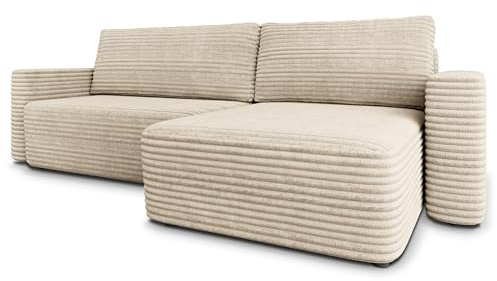 Masseno Ecksofa TELIN T mit Schlaffunktion L-Form, Modern Sofa mit Bettkasten, Wohnzimmersofa, Couch, Soffa, Bettsofa, Couchgarnitur - Creme, TILIA 03