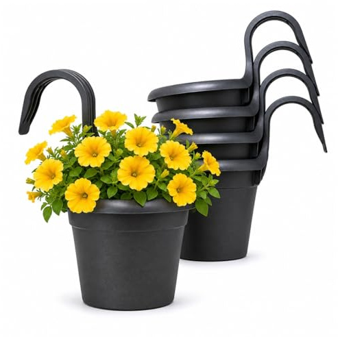 QILZO Macetas Colgantes Exterior Balcón Plástico 6 ud Ø16 cm Gris Antracita | Para Colgar en Balcón, Barandilla, Palet, Celosía, Resistentes a Rayos UV