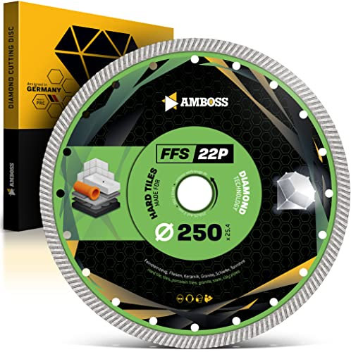 Amboss FFS 22 - Diamant-Trennscheibe Ø 250 mm x 25,4 mm - Hartes Feinsteinzeug (bis 1,2 cm) / harte Granite/Schiefer/Fliesen/Tonrohre/Fiberglas | Segmenthöhe: 10 mm