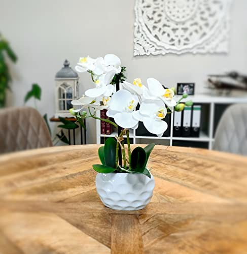 DECOLINE Künstliche Orchidee 33cm - Blüten weiß - Keramik Übertopf weiß
