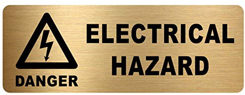 METAL Danger ELECTRICAL HAZARD Sign-WITH IMAGE-Brushed Gold Aluminium -Safety Security Door Notice Shop Warehouse School Cafe Restaurant Business Health Safety Accident Electricity Cables Wires
