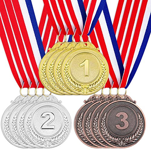 12 Stück Award Medaillen 1. 2. 3. (Gold, Silber, Bronze) Metall Style Sieger mit Nackenband, 5.1 cm
