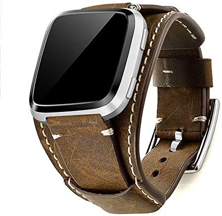 Leotop Kompatibel mit Fitbit Versa/Versa 2/Versa Lite/Versa Special Edition Straps, Echtes Leder Uhrenarmband Cuff Ersatz Armbänder mit Edelstahlschließe für Männer Frauen (Kaffee)