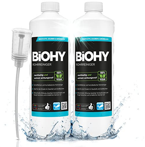 BiOHY Rohrreiniger (2 x 1 liter) + Dosierer | EXTRA STARK | flüssiger Abflussreiniger | Profi Mittel für Verstopfungen in Küche, Dusche & Toilette | entfernt Haare & Gerüche effektiv