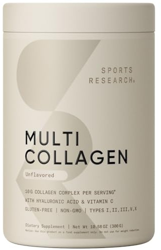 Sports Research Multi Collagen Protein Powder (Type I, II, III, V, X) with Hyaluronic Acid + Vitamin C | 5 Types of Food Based Collagen, 30 Servings (Unflavored)