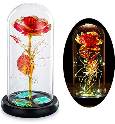 Glasseam Beauté Et La Bête Rose en Verre Dôme LED Lumières Cristal Rose Fleurs Cadeau pour Anniversaire Saint-Valentin Mariage Petite Amie Femme