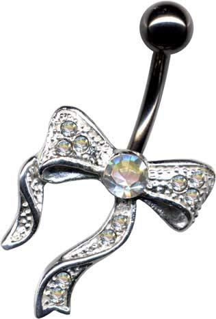 PIERCINGO® Schleife Schlaufe Fest Süß Ribbon Bow Tie Weiß Bauchnabel-piercing ECHT-SILBER 925er ZIRKONIA-KRISTALLE Titan G23 Titanium Piercing-Banane Barbell Bauch-Stecker Nabel-piercing 1.6mm x 10mm