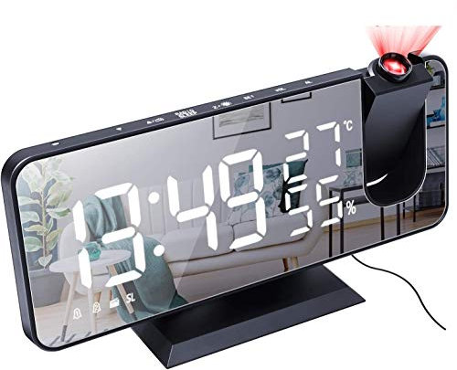 DollaTek Radio projection alarm clock LED large screen display temperature and humidity electronic clock for bedroom kitchen gift - Black shell White digital