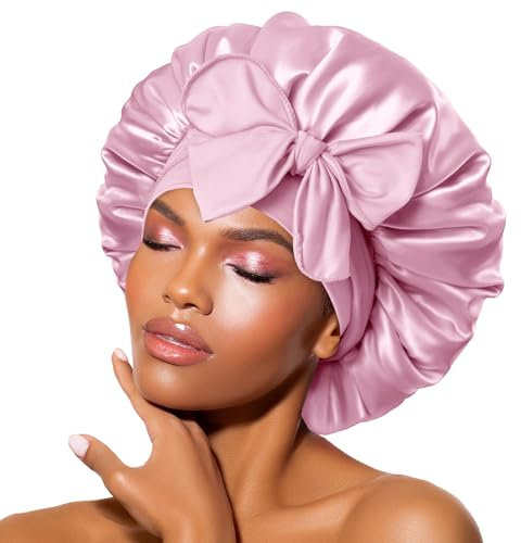 BONNET QUEEN Silk Bonnet for Sleeping for Curly Hair, Satin Bonnet Hair Wrap for Women & Men, Adjustable Silk Scarf Night Cap with Tie Band, Light Rose Gold
