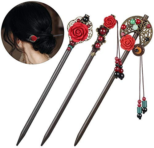 Yaazi 3 piezas japonesas chinas para el pelo retro de madera horquilla flor palillos de pelo palillos de madera hechos a mano palillo clásico para el pelo largo