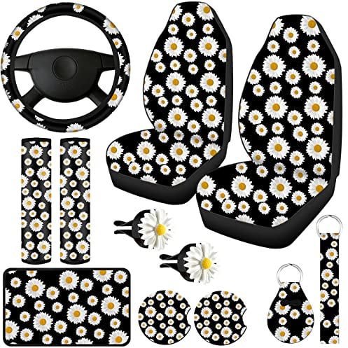 12 Pieces Daisy Flower Car Accessories Full Set Includes Daisy Car Seat Cover Steering Wheel Cup Holder Armrest Pad Decor