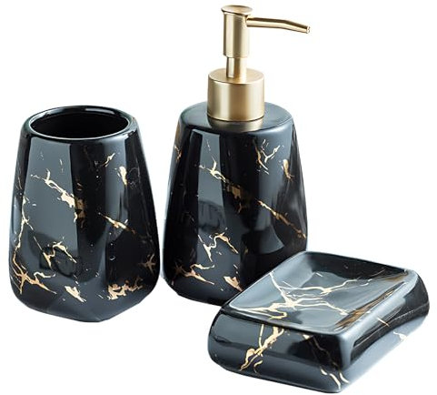 XUDREZ Badezimmer Zubehör Set Marmor Muster Keramik Bad Zubehör Luxus Set Lotionspender, Zahnbürstenbecher, Seifenschale, Chassis (Glänzend Schwarz 3 teiliges Set)