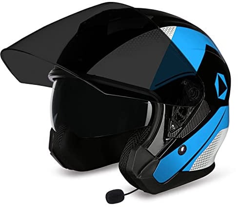 LHBM Retro Motorbike 3/4 Half Helmet Bluetooth Motorcycle Open Face Helmet with Double Sun Visor,Motorbike Moped Jet Bobber Crash Chopper for Adult Men Women ECE/DOT Approved B,XXL=63-64cm