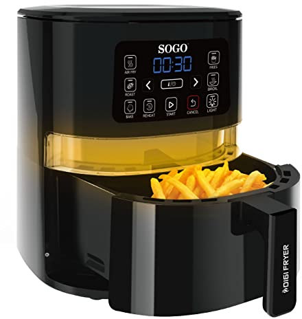 SOGO 10820 Freidora sin Aceite 4 L con visor de interior, 6 programas, recetario, 100-200°C, pantalla LED táctil, temporizador, 1600 W Air Fryer, negro, sin PFOA ni BPA (8425490137630)