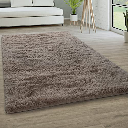 Paco Home Hochflor Teppich Wohnzimmer rutschfest Fellteppich Shaggy Flauschig Weich Modern Kunstfell Fell Imitat Einfarbig, Grösse:120x170 cm, Farbe:Taupe