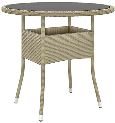 vidaXL Mesa de jardín redonda de 80 x 75 cm de diámetro, hecha de polirratán y cristal templado, muebles de exterior beige para patio o jardín, resistente a la intemperie, fácil montaje